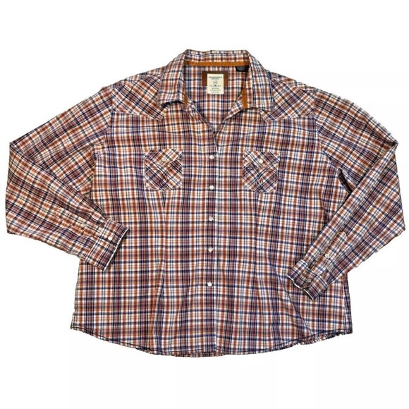 PEARL SNAP FLIP CUFFS WESTERN SHIRT SZ XXL BROWN PLAID PANHANDLE COTTON WOMENS - Picture 1 of 3